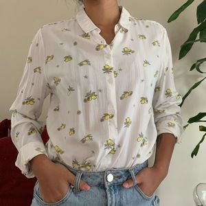 lemon print button down shirt